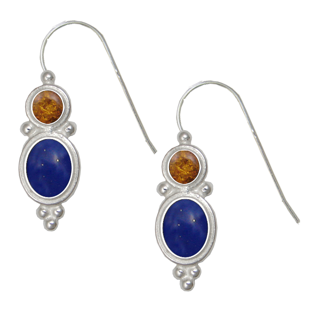 Sterling Silver Drop Dangle Earrings Lapis Lazuli And Amber